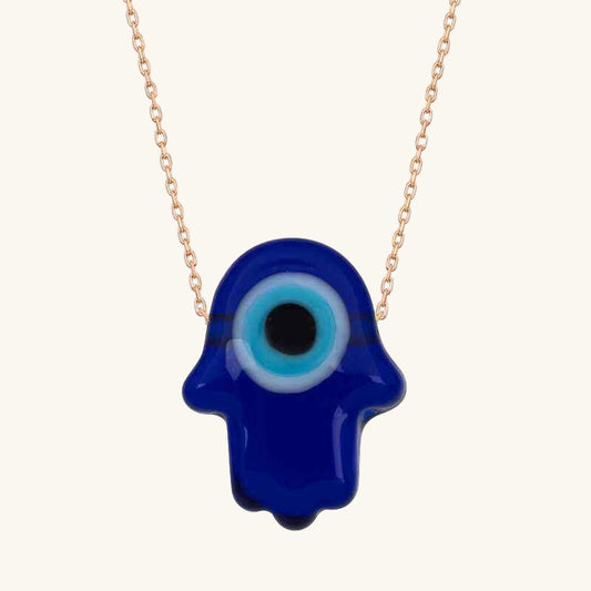 Rose Plated Blue Evil Eye Glass Hamsa Women's Silver Necklace