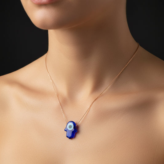 Rose Plated Blue Evil Eye Glass Hamsa Women's Silver Necklace