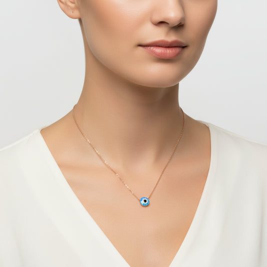 Blue Opal Stone Evil Eye Rose Gold Plated Silver Necklace