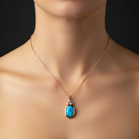 Blue Opal Stone Pineapple Women's Rose Plated Silver Necklace
