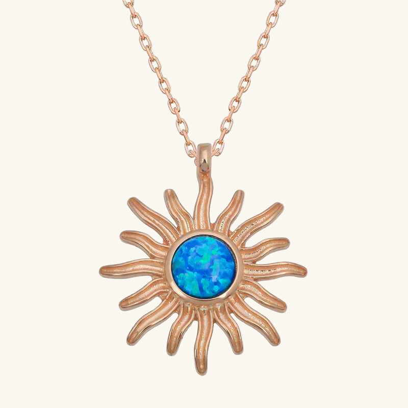 Rose Plated Blue Opal Stone Sun Women's Silver Necklace