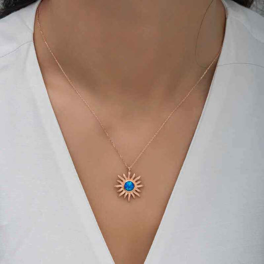 Rose Plated Blue Opal Stone Sun Women's Silver Necklace