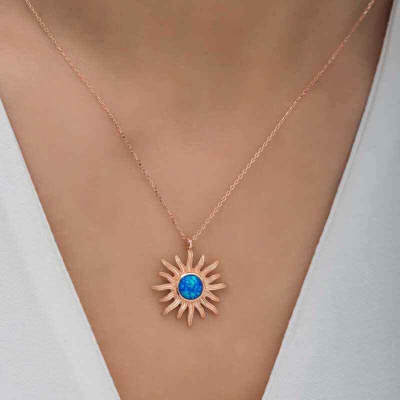 Rose Plated Blue Opal Stone Sun Women's Silver Necklace