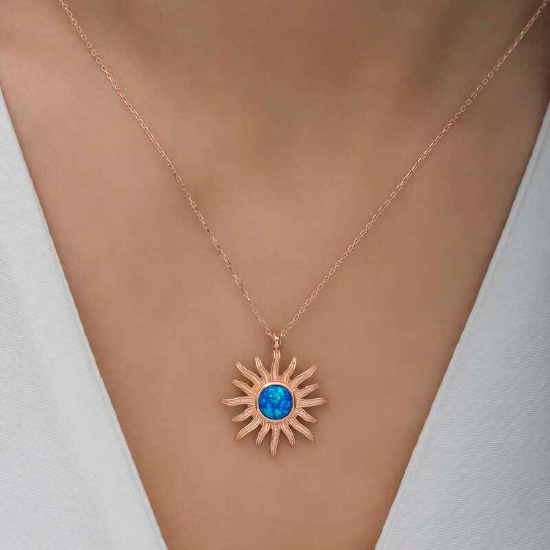 Rose Plated Blue Opal Stone Sun Women's Silver Necklace
