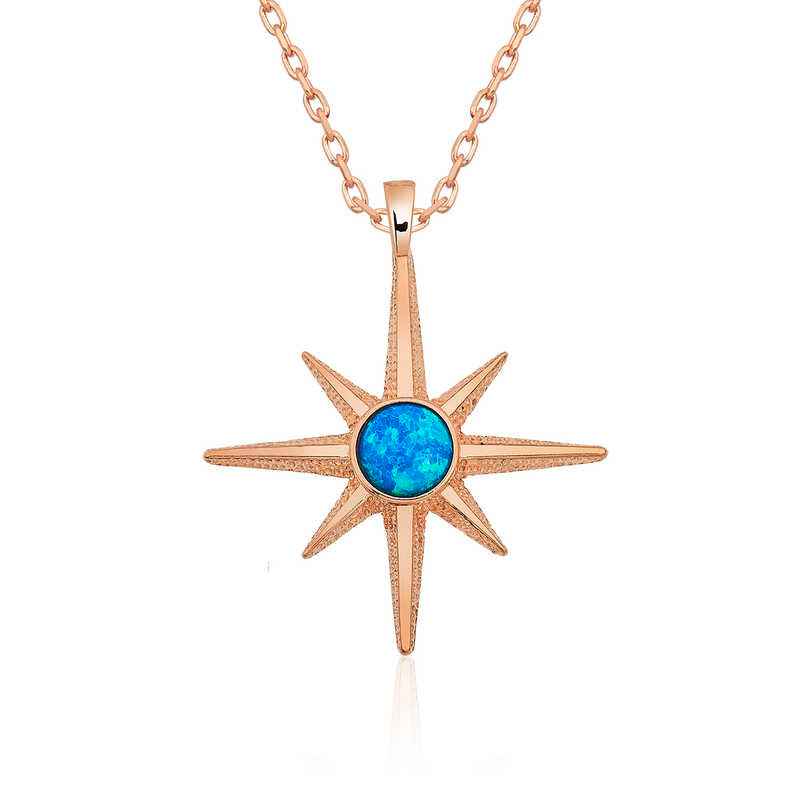 Blue Opal Stone North Star Rose Plated Silver Necklace
