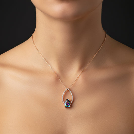 Rose Plated Mystic Topaz Stone Drop Women's Silver Necklace