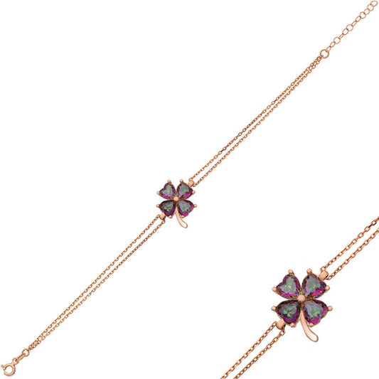 Rose Plated Mystic Topaz Clover Women's Silver Bracelet