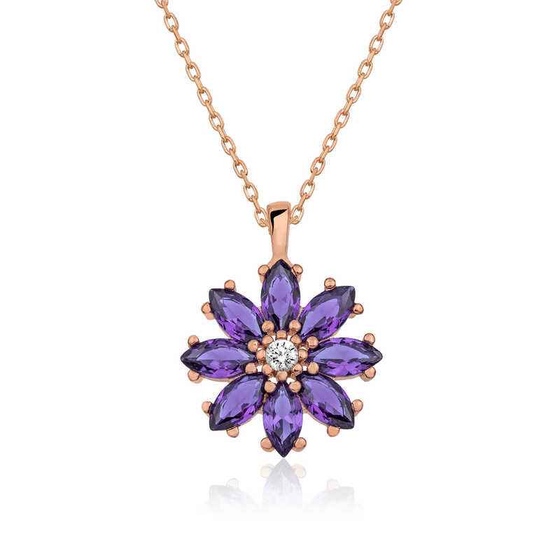 Rose Plated Purple Flower Women's Silver Necklace
