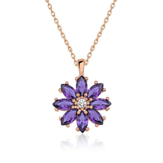Rose Plated Purple Flower Women's Silver Necklace