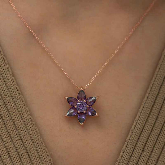 Rose Plated Purple Flower Women's Silver Necklace