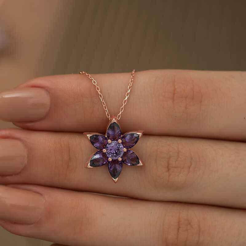 Rose Plated Purple Flower Women's Silver Necklace