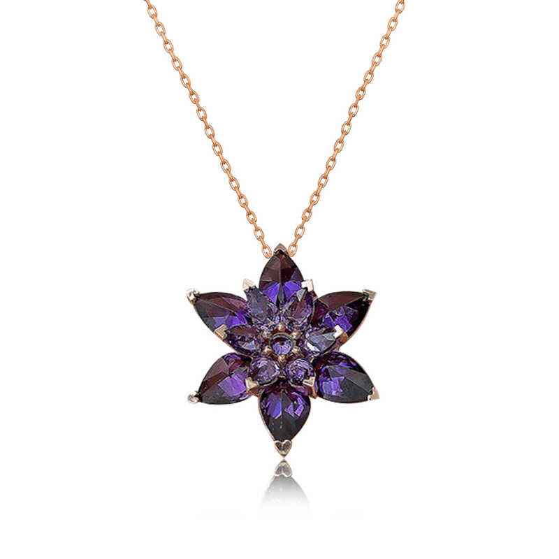 Rose Plated Purple Lotus Flower Silver Necklace