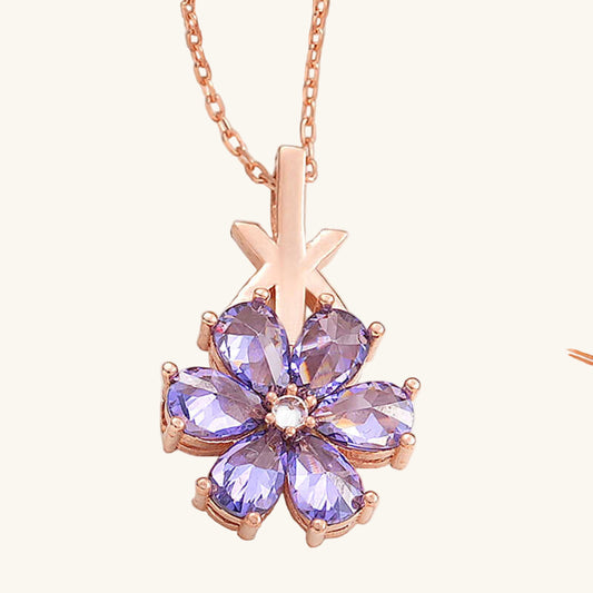 Collier en argent plaqué or rose avec fleur d'amour violette pour femme