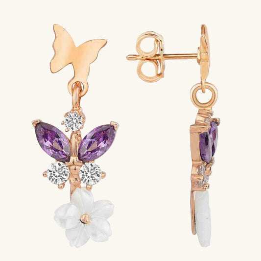 Rose Plated Mor Stone Mother of Pearl Flower Stud Women's Silver Earrings