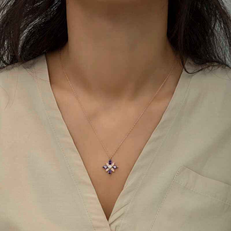 Rose Gold Plated Purple Stone Hope Flower Women's Silver Necklace