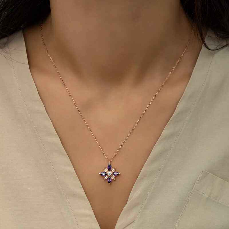 Rose Gold Plated Purple Stone Hope Flower Women's Silver Necklace