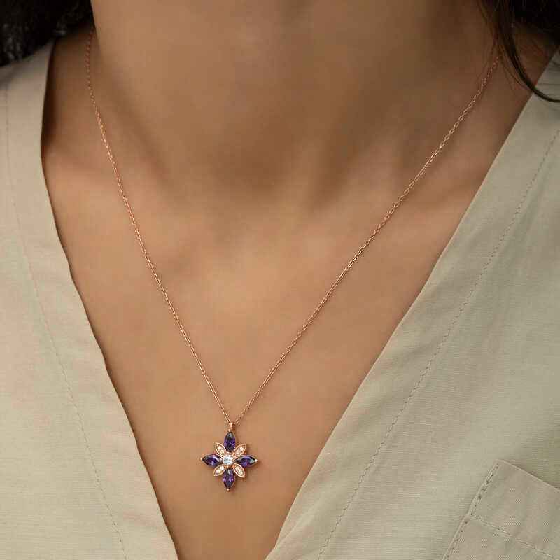 Rose Gold Plated Purple Stone Hope Flower Women's Silver Necklace