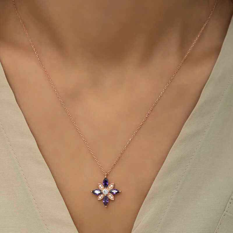 Rose Gold Plated Purple Stone Hope Flower Women's Silver Necklace