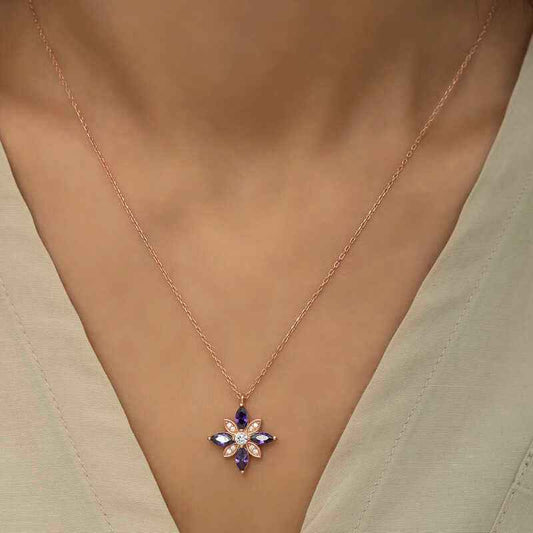 Rose Gold Plated Purple Stone Hope Flower Women's Silver Necklace