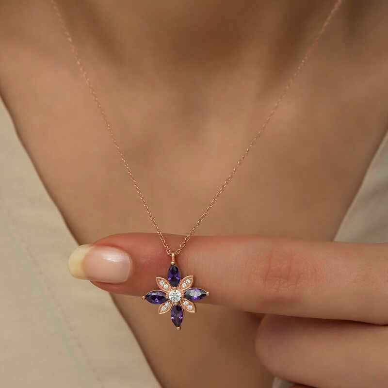 Rose Gold Plated Purple Stone Hope Flower Women's Silver Necklace