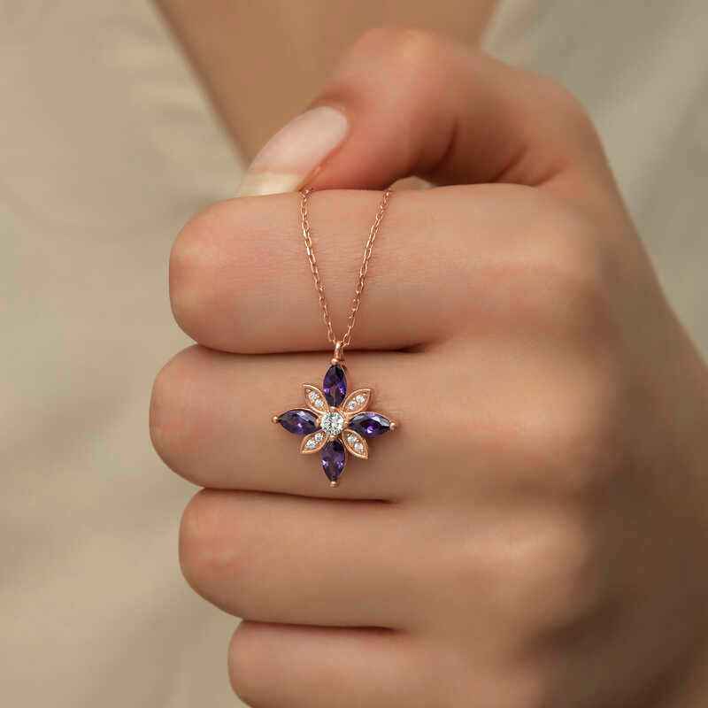 Rose Gold Plated Purple Stone Hope Flower Women's Silver Necklace