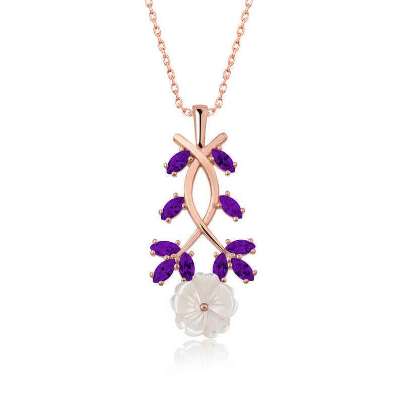 Rose Plated Purple Leaf Spring Flower Silver Necklace