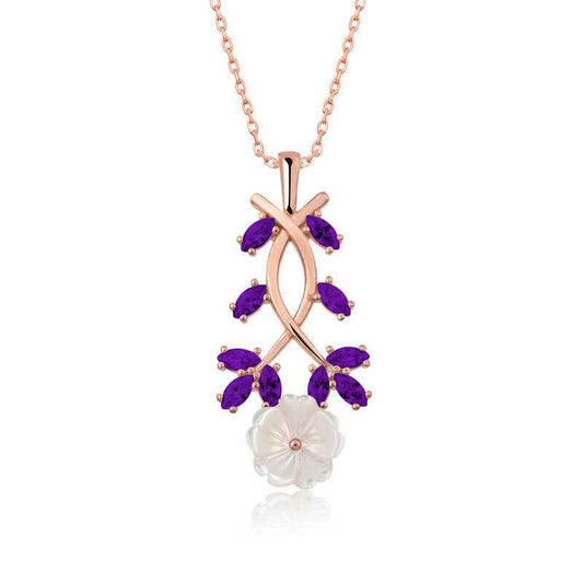 Rose Plated Purple Leaf Spring Flower Silver Necklace