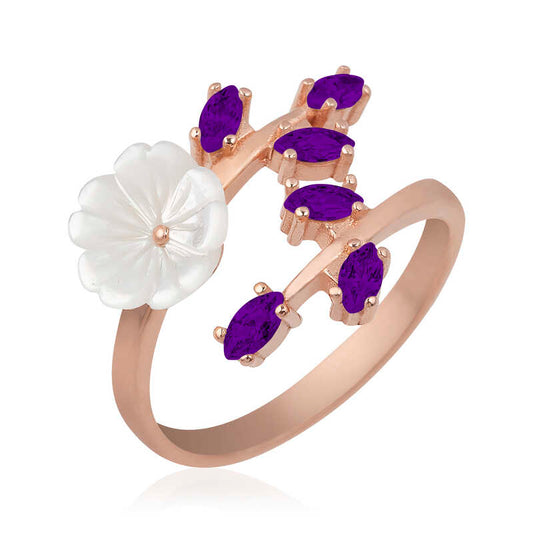 Bague en argent plaqué rose avec feuille violette et fleur de printemps