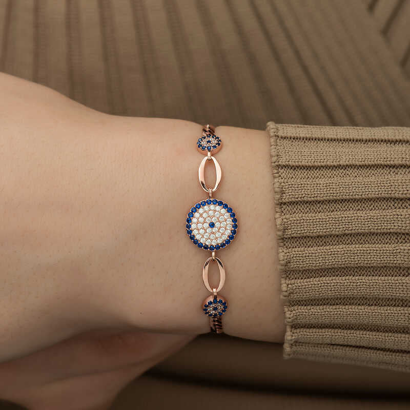 Bracelet en argent plaqué rose avec perles contre le mauvais œil