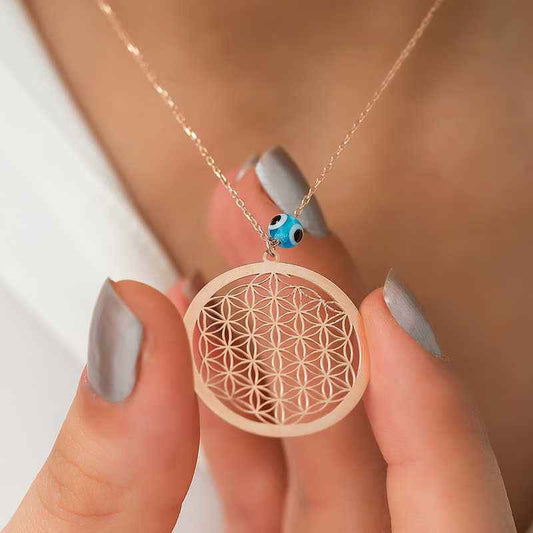 Rose Gold Plated Nazar Eyed Flower of Life Silver Necklace