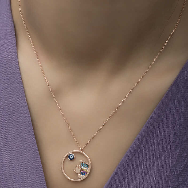 Rose Plated Evil Eye Hand and Footprint Women's Silver Necklace