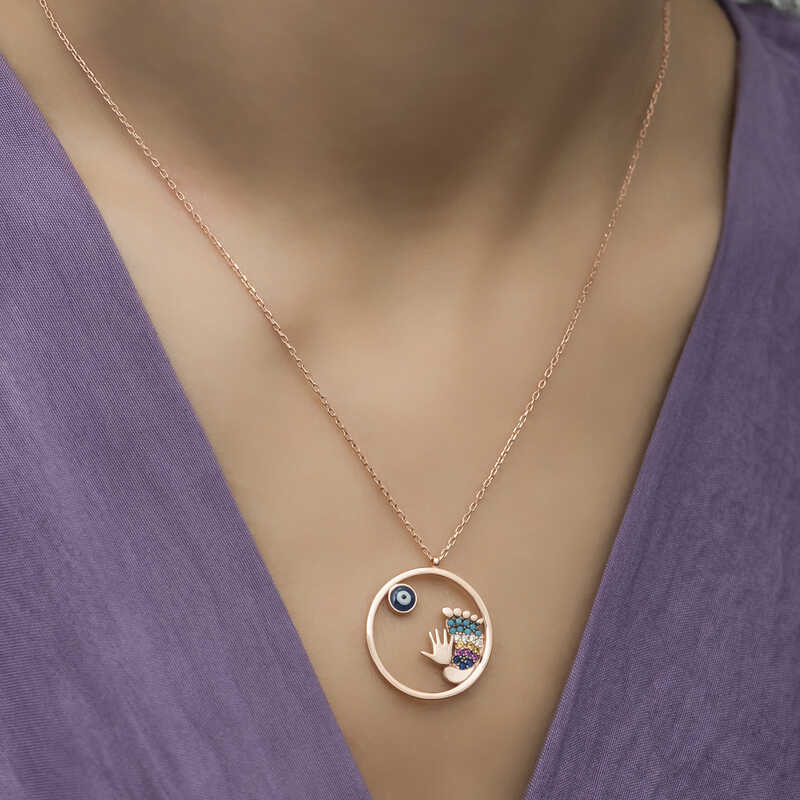 Rose Plated Evil Eye Hand and Footprint Women's Silver Necklace