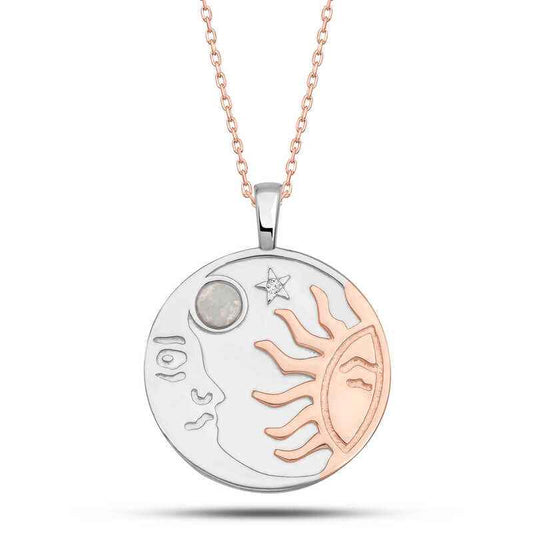 Rose Opal White Stone Moon Sun Women's Silver Pendant
