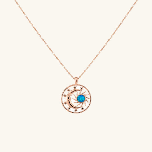 Rose Gold Plated Opal Blue Stone Moon Sun Women's Silver Necklace