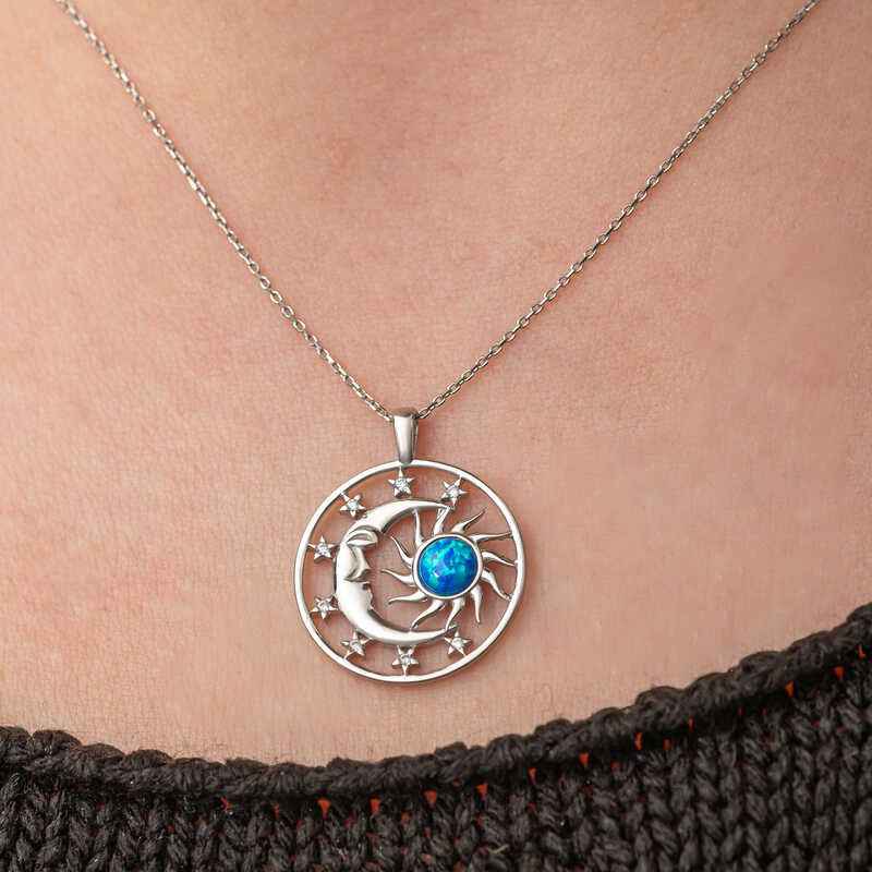 Opal Blue Stone Sun Moon Women's Silver Necklace