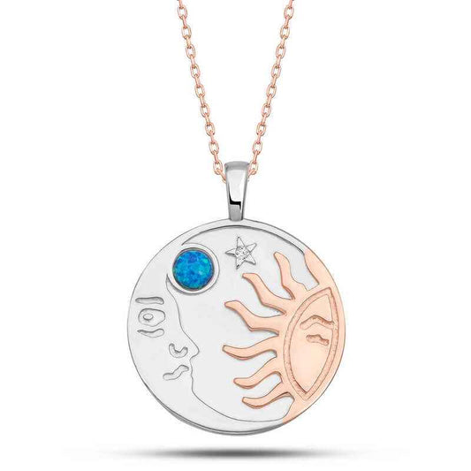 Rose Plated Opal Blue Stone Moon Sun Women's Silver Necklace