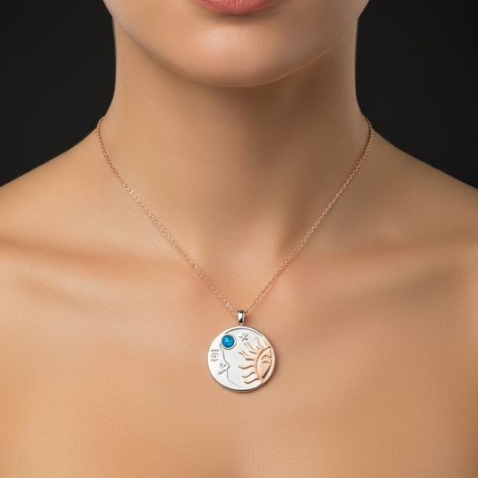 Rose Plated Opal Blue Stone Moon Sun Women's Silver Necklace