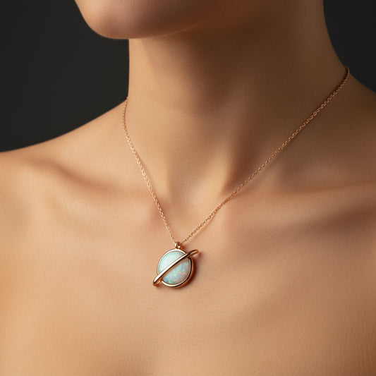 Rose Opal Stone Planet Women's Silver Necklace