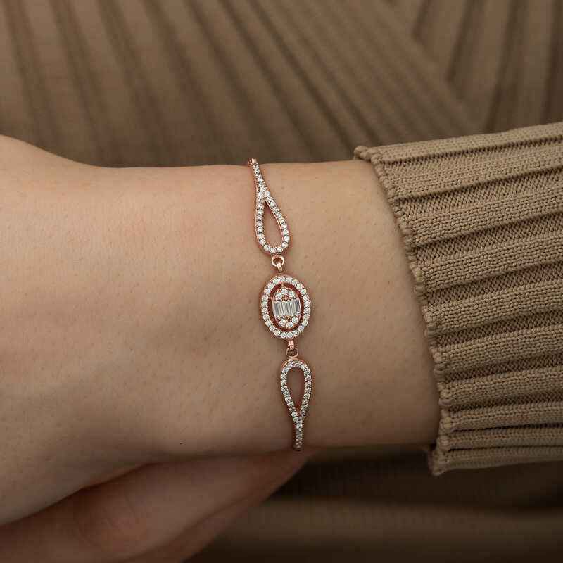 Rose Gold Plated Oval Baguette Silver Bracelet