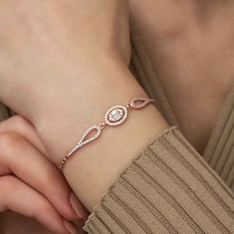 Rose Gold Plated Oval Baguette Silver Bracelet