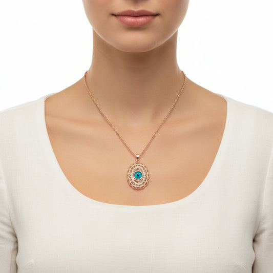 Collier ovale en argent plaqué rose pour femme avec mauvais œil