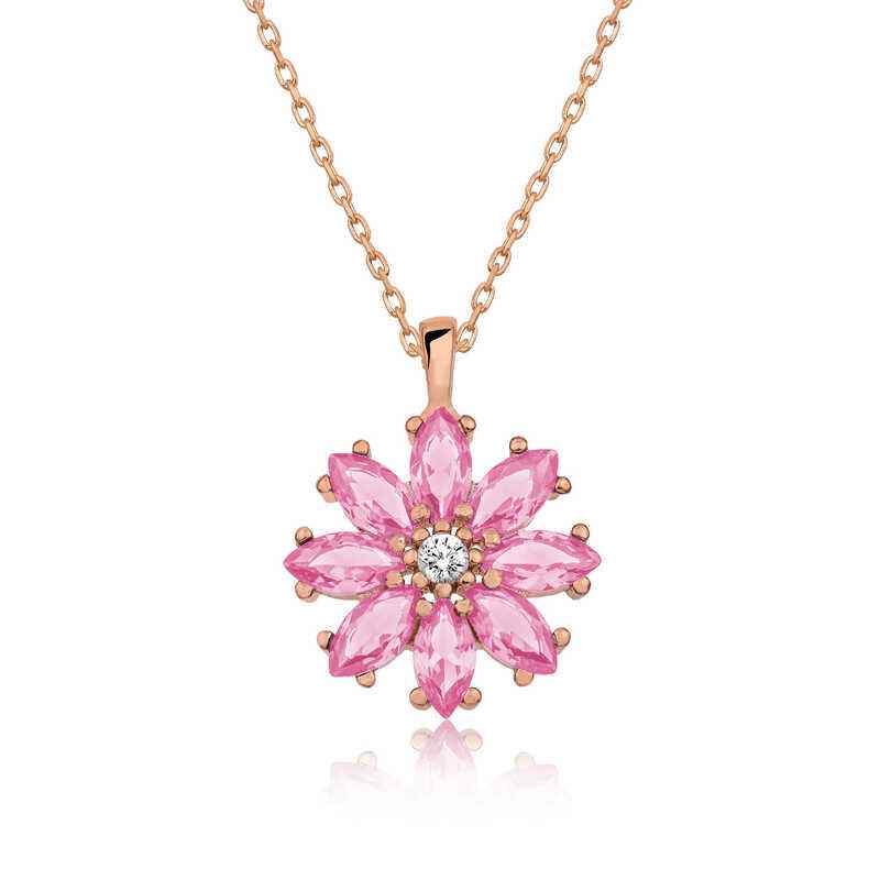 Pink Flower Rose Plated Silver Necklace