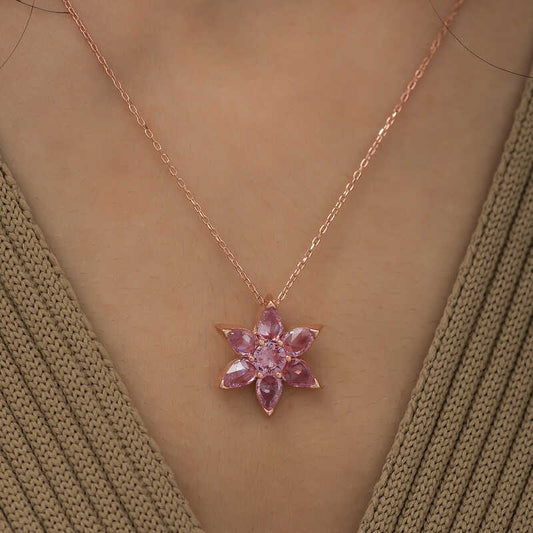 Pink Flower Rose Plated Silver Necklace