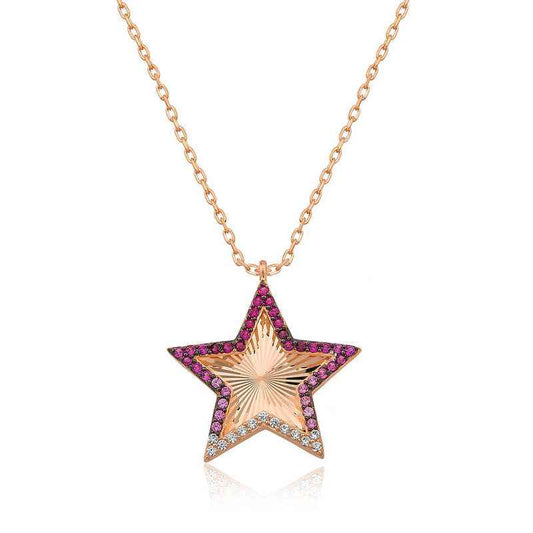 Pink Frill Pattern Star Women's Rose Gold Plated Silver Necklace