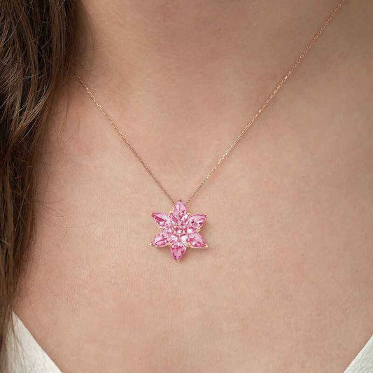 Pink Lotus Flower Rose Plated Silver Necklace