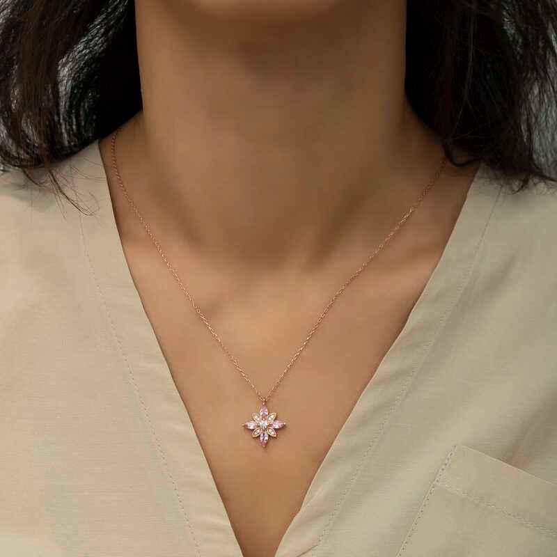 Pink Stone Hope Flower Rose Gold Plated Silver Necklace