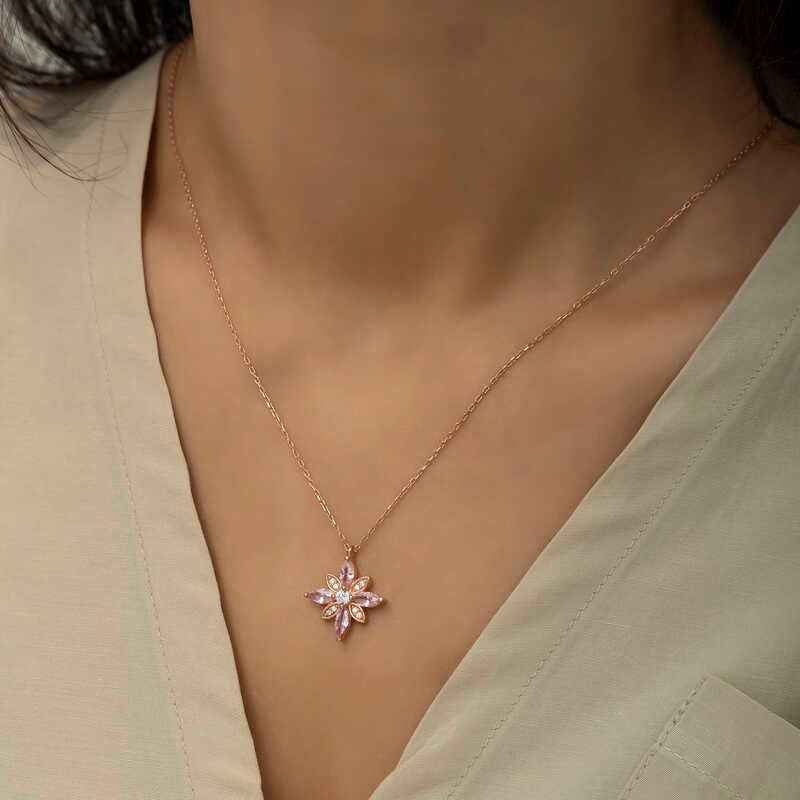 Pink Stone Hope Flower Rose Gold Plated Silver Necklace