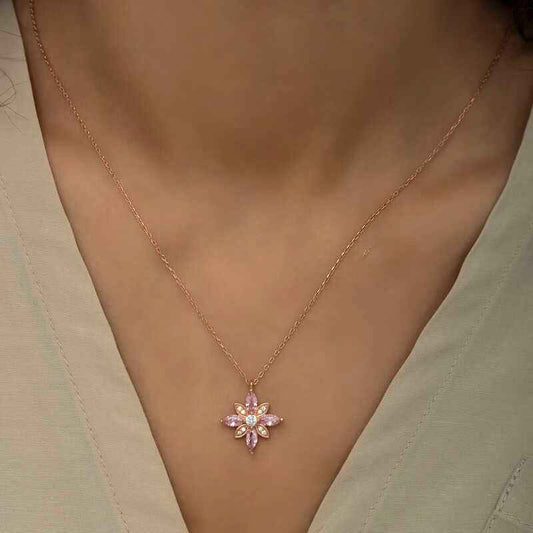 Pink Stone Hope Flower Rose Gold Plated Silver Necklace