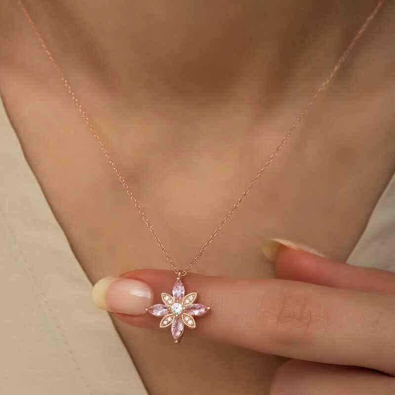 Pink Stone Hope Flower Rose Gold Plated Silver Necklace