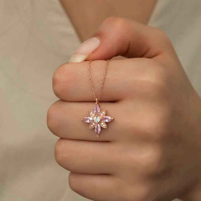 Pink Stone Hope Flower Rose Gold Plated Silver Necklace